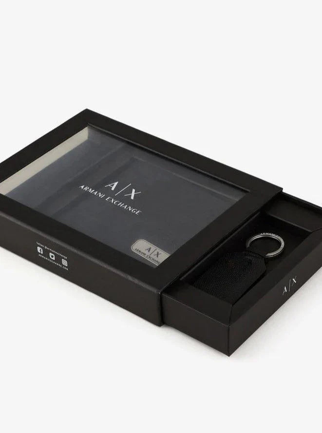 AX Black Leather Wallet & Keychain Set For Men
