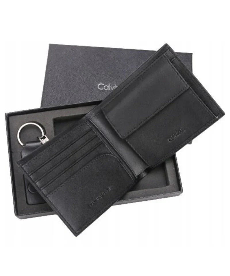 CK Black Leather Wallet & Keychain Set For Men