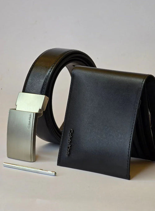 CK Black Leather Wallet-Belt Set For Men