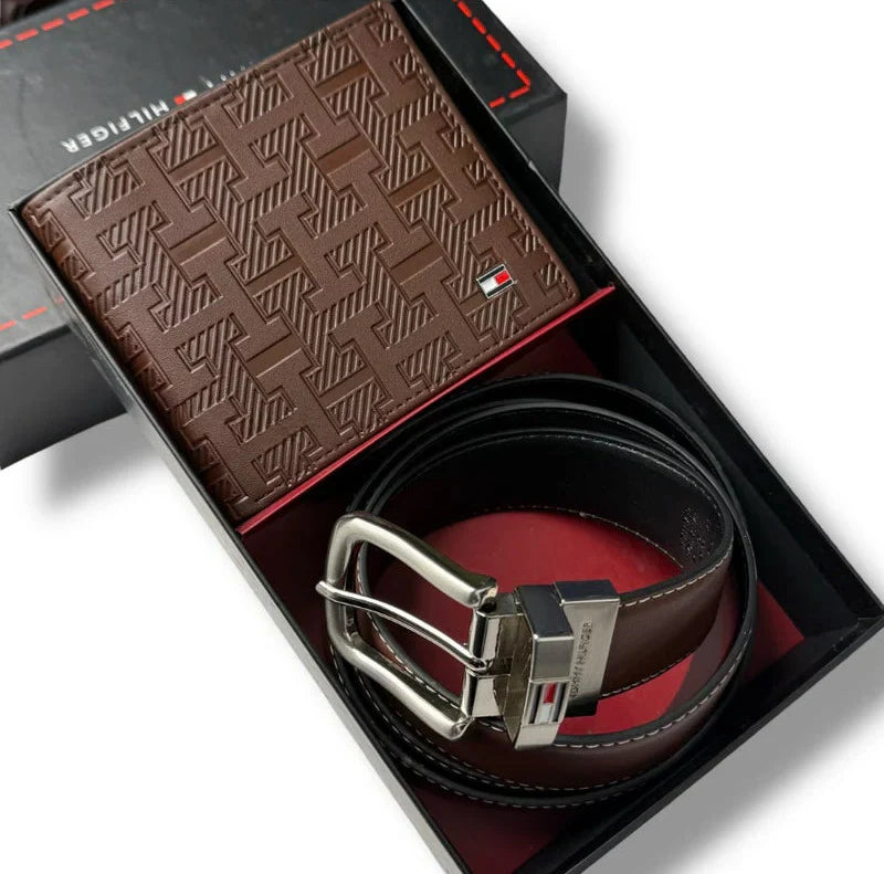 TH Brown Leather Wallet-Belt Set For Men