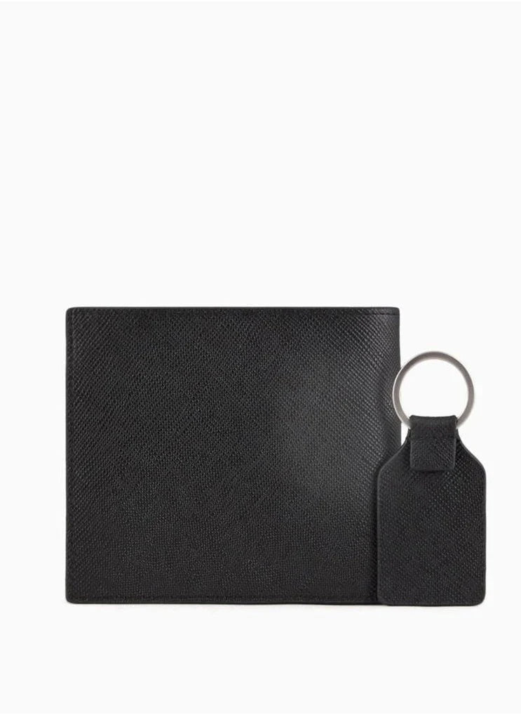 AX Black Leather Wallet & Keychain Set For Men