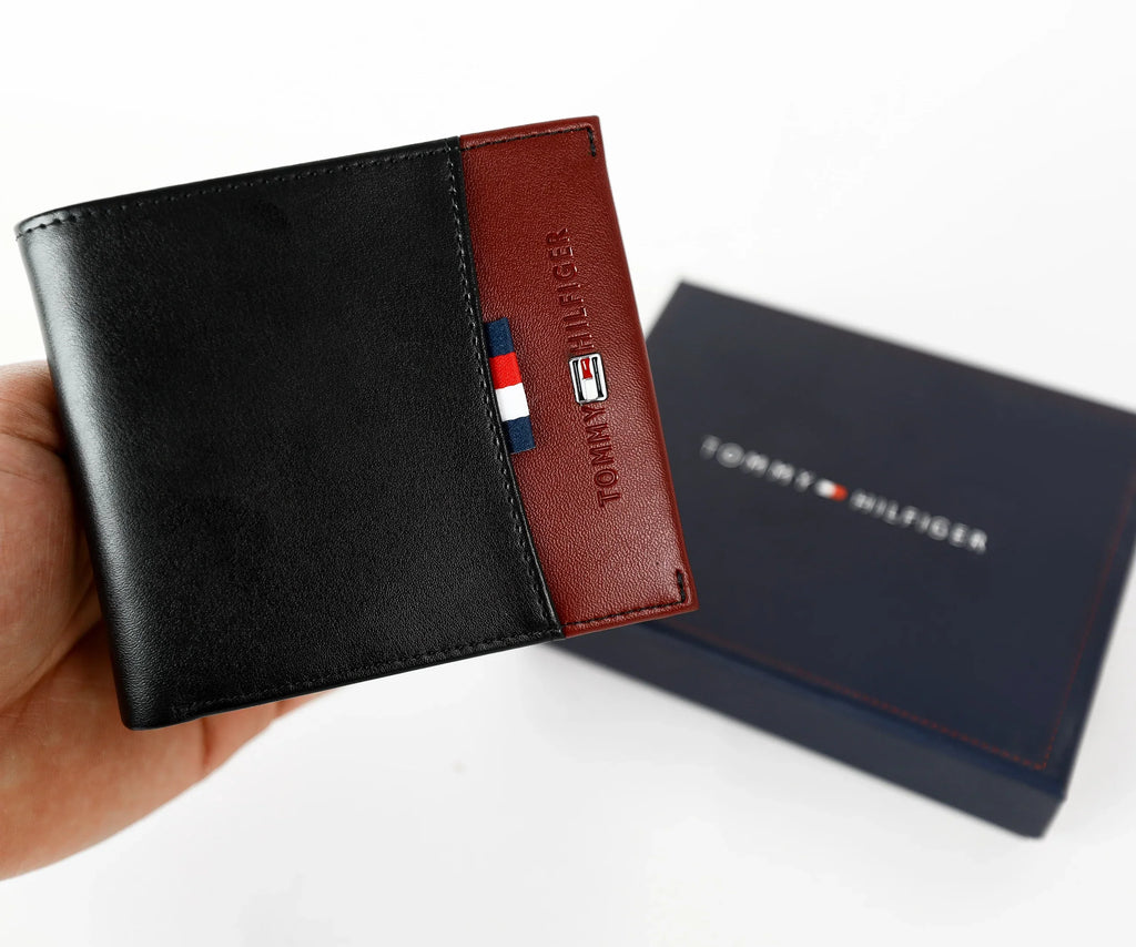 TH Black Leather Bifold Wallet For Men