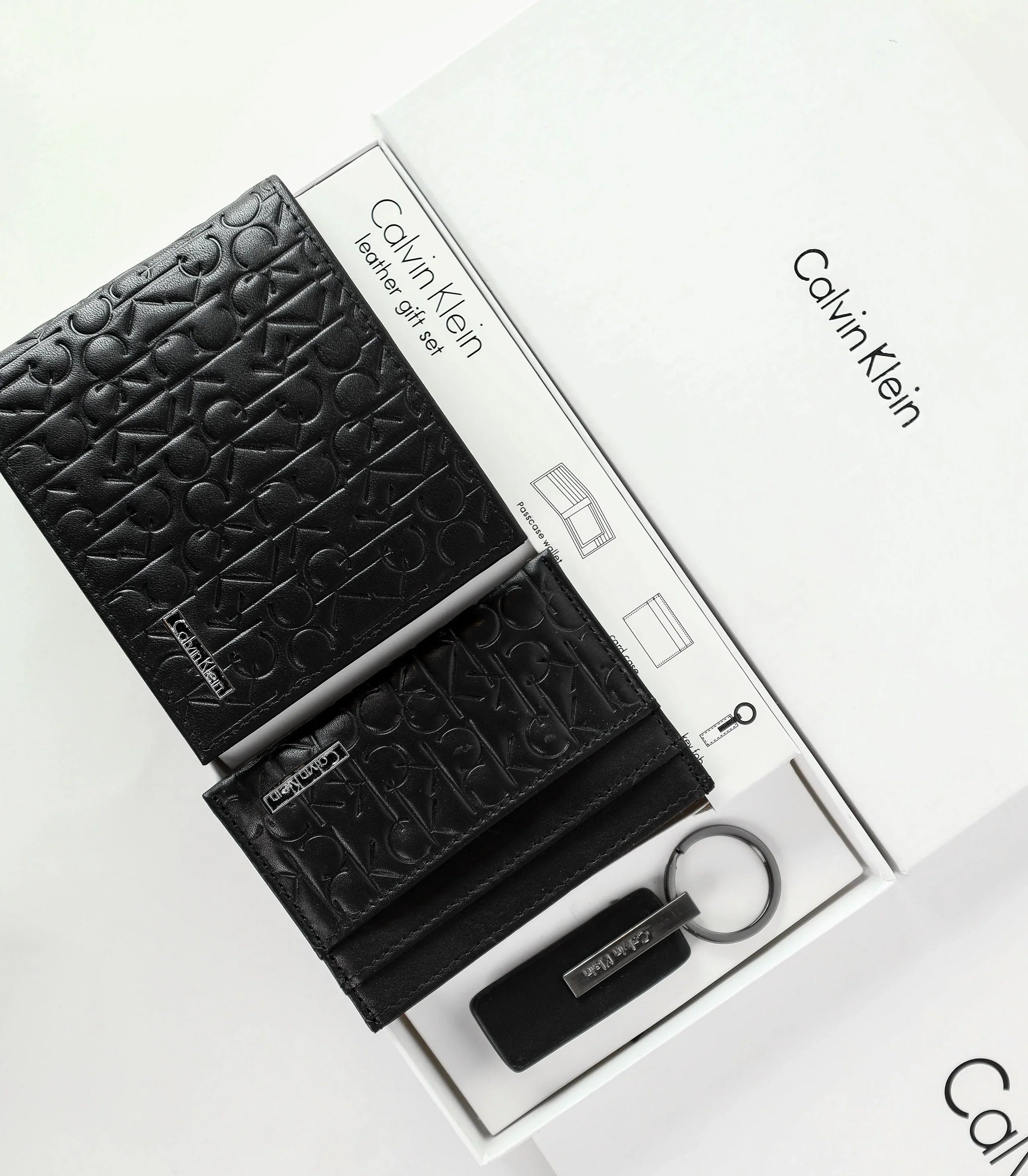 CK Black Monogram Leather Wallet-Keychain-Card Holder Set For Men