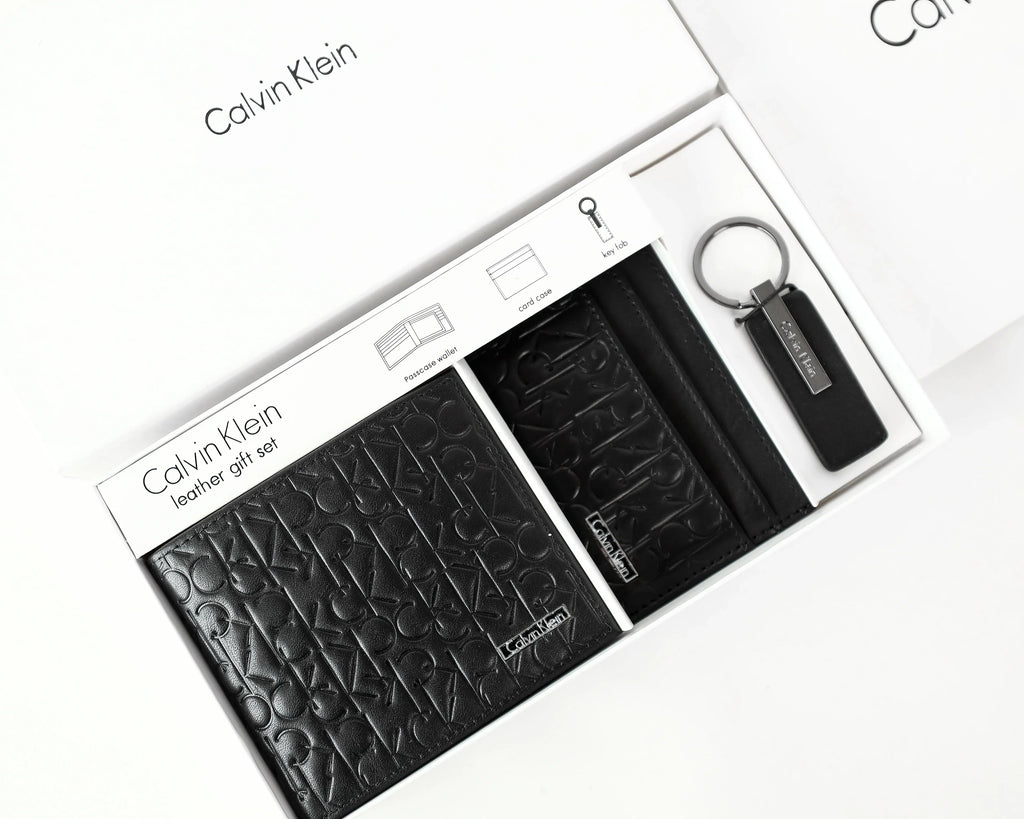 CK Black Monogram Leather Wallet-Keychain-Card Holder Set For Men