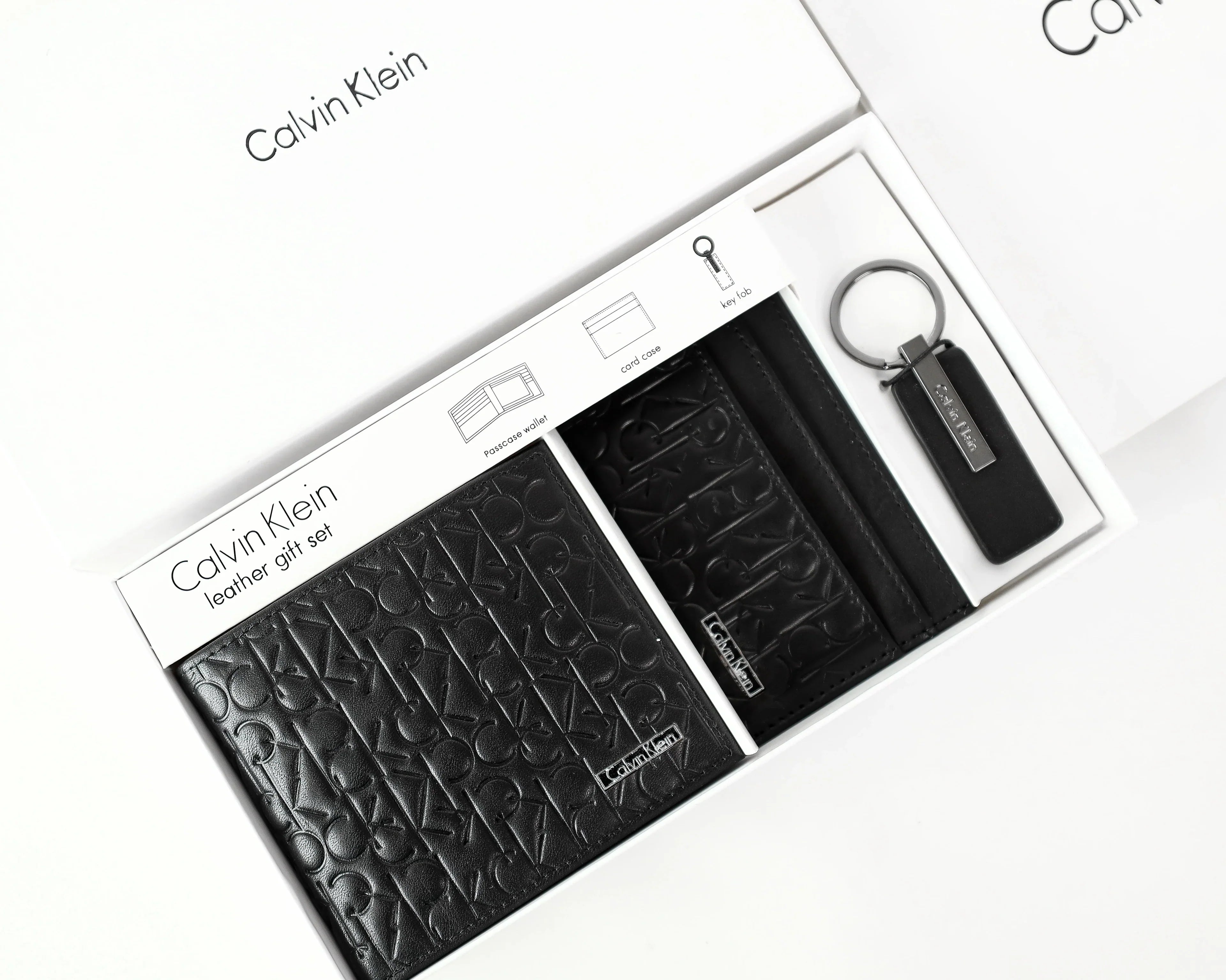 CK Black Monogram Leather Wallet-Keychain-Card Holder Set For Men