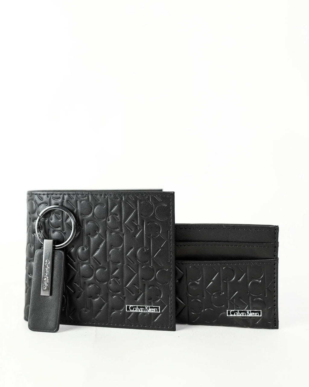 CK Black Monogram Leather Wallet-Keychain-Card Holder Set For Men