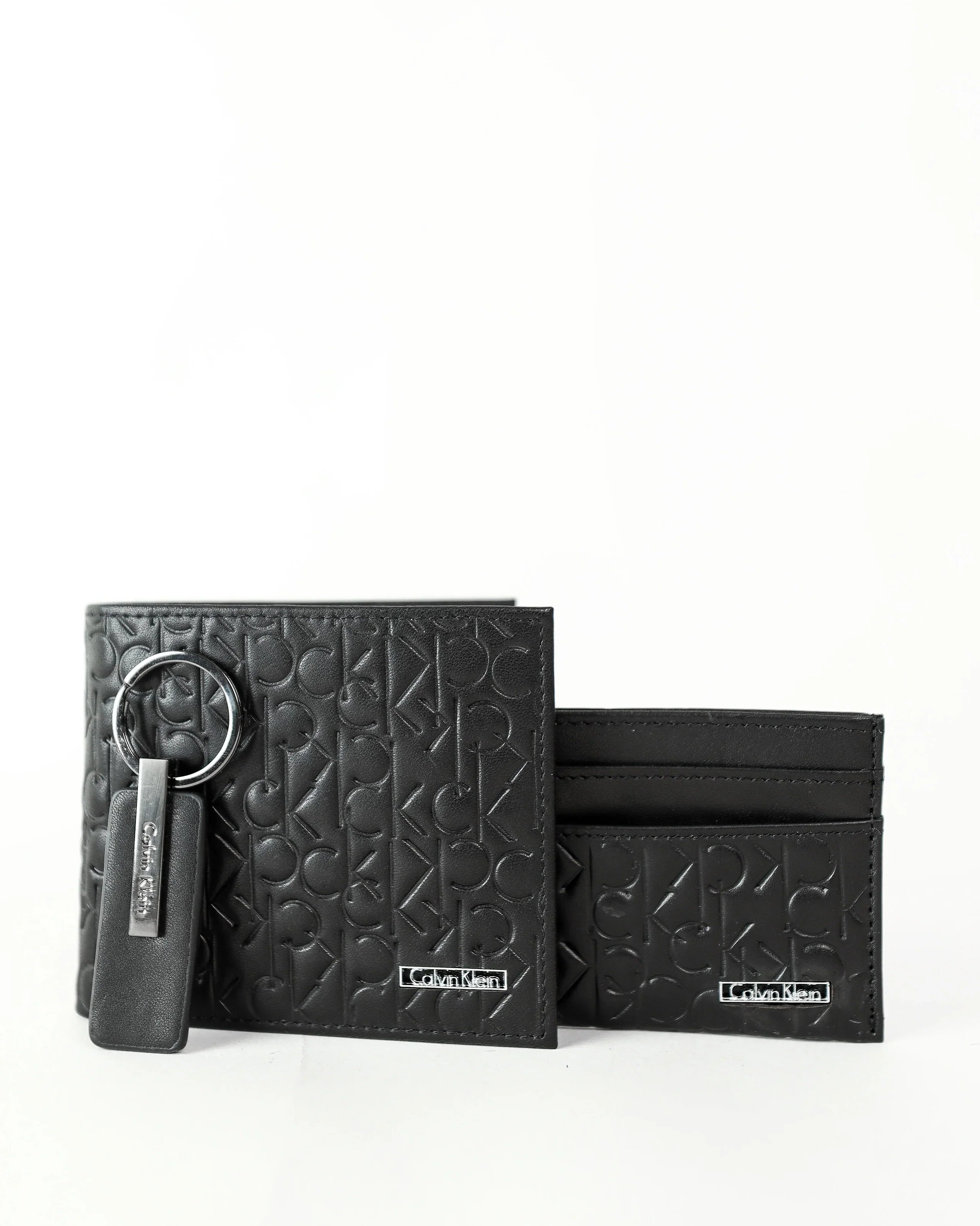 CK Black Monogram Leather Wallet-Keychain-Card Holder Set For Men