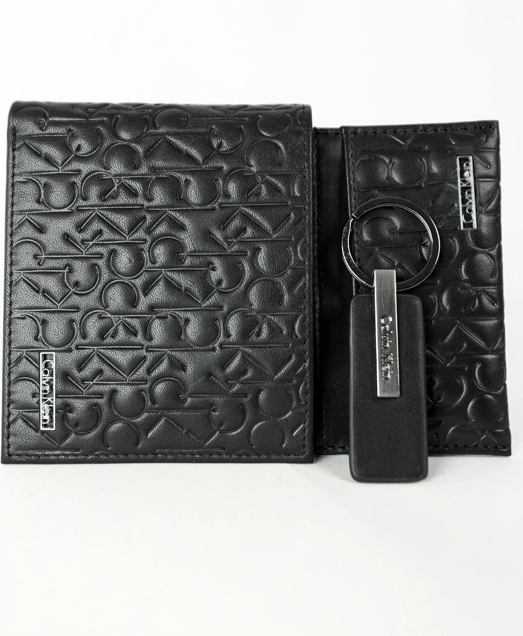 CK Black Monogram Leather Wallet-Keychain-Card Holder Set For Men
