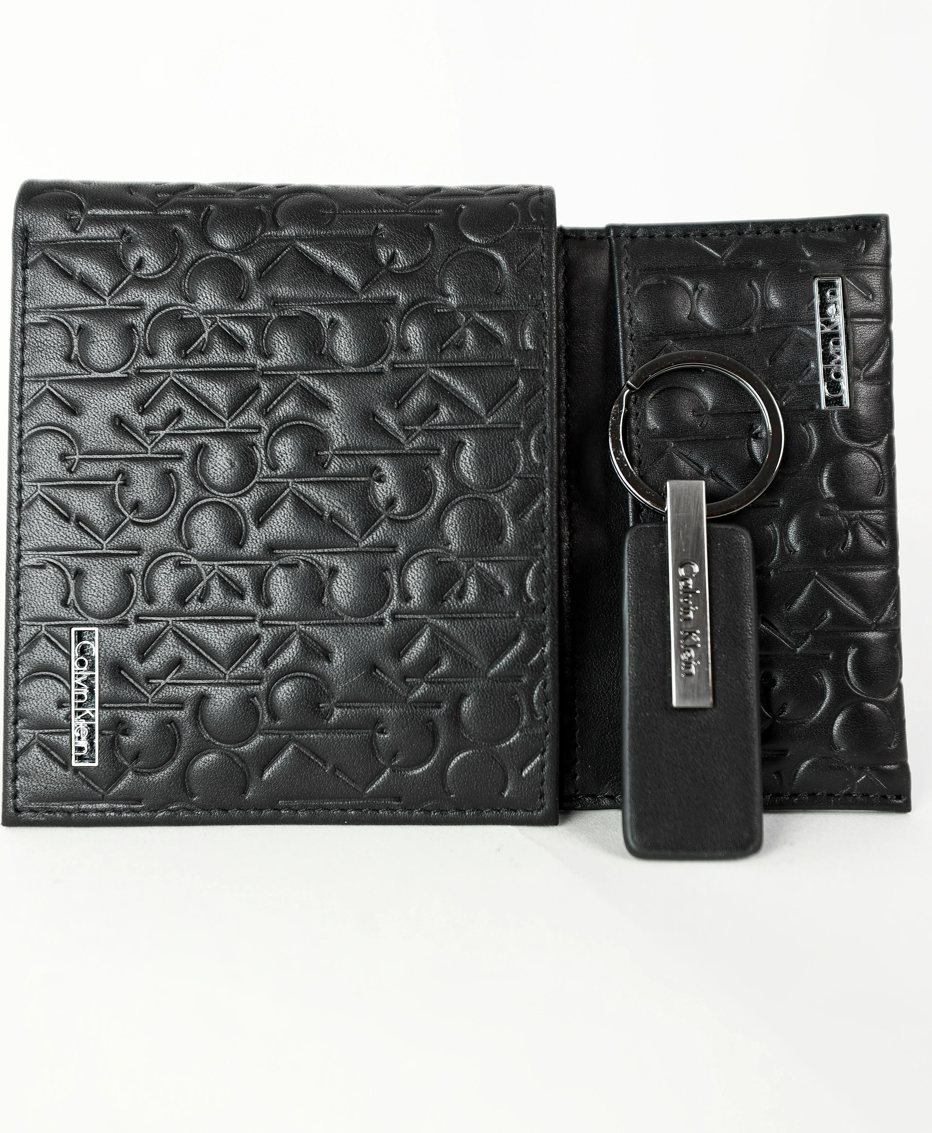 CK Black Monogram Leather Wallet-Keychain-Card Holder Set For Men