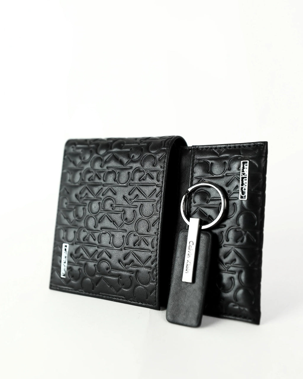 CK Black Monogram Leather Wallet-Keychain-Card Holder Set For Men