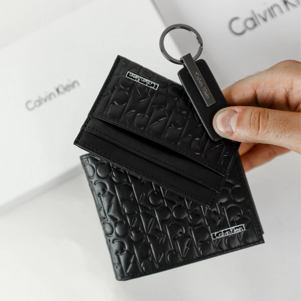 CK Black Monogram Leather Wallet-Keychain-Card Holder Set For Men