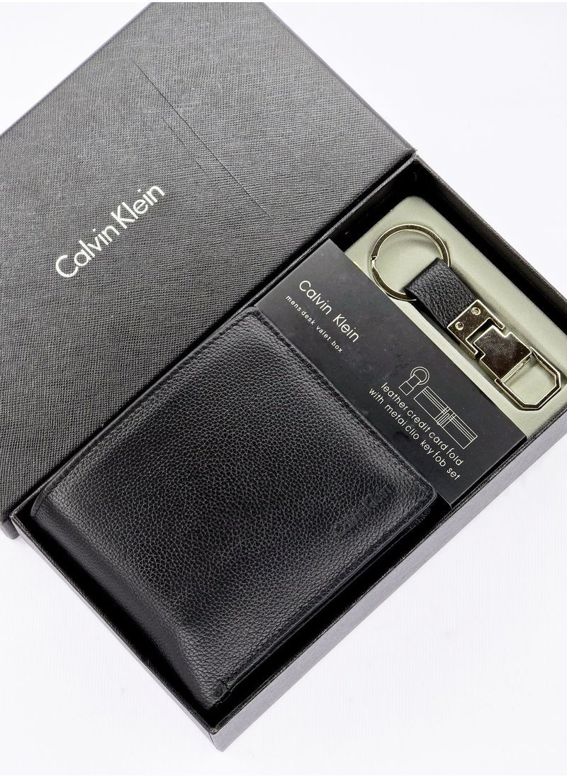 CK Black Leather Wallet-Keychain Set For Men
