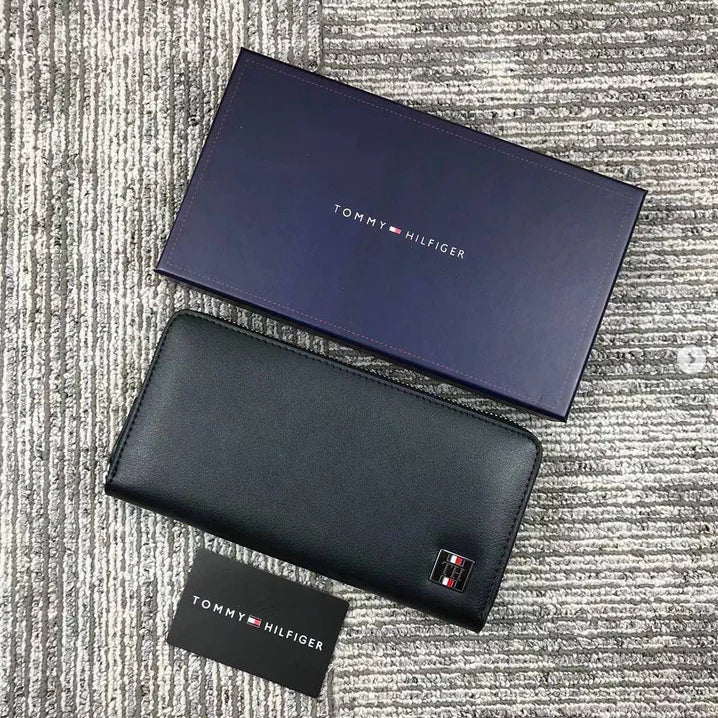 TH Long Black Leather Wallet For Unisex