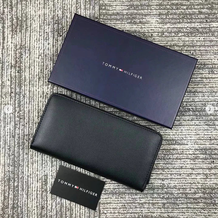 TH Long Black Leather Wallet For Unisex