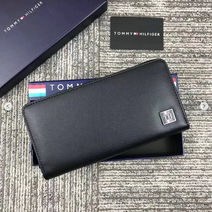 TH Long Black Leather Wallet For Unisex
