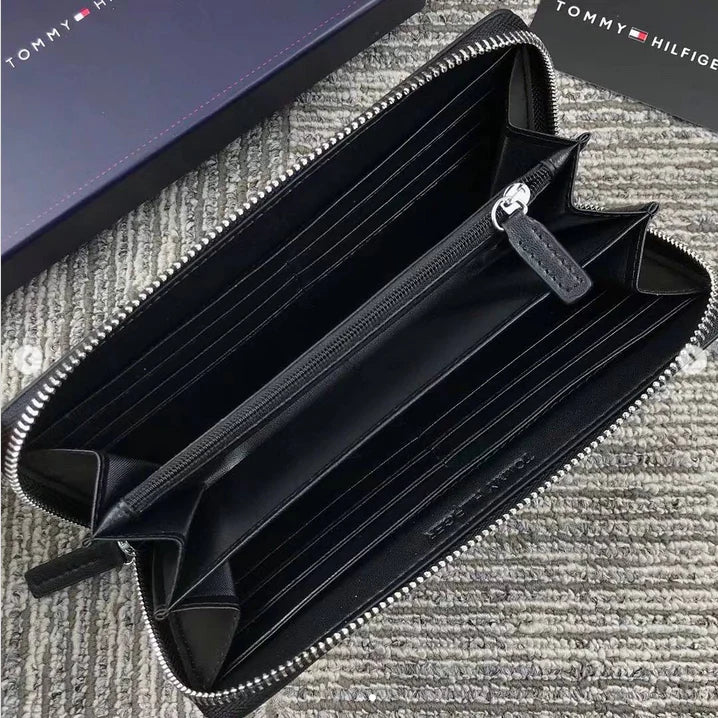 TH Long Black Leather Wallet For Unisex