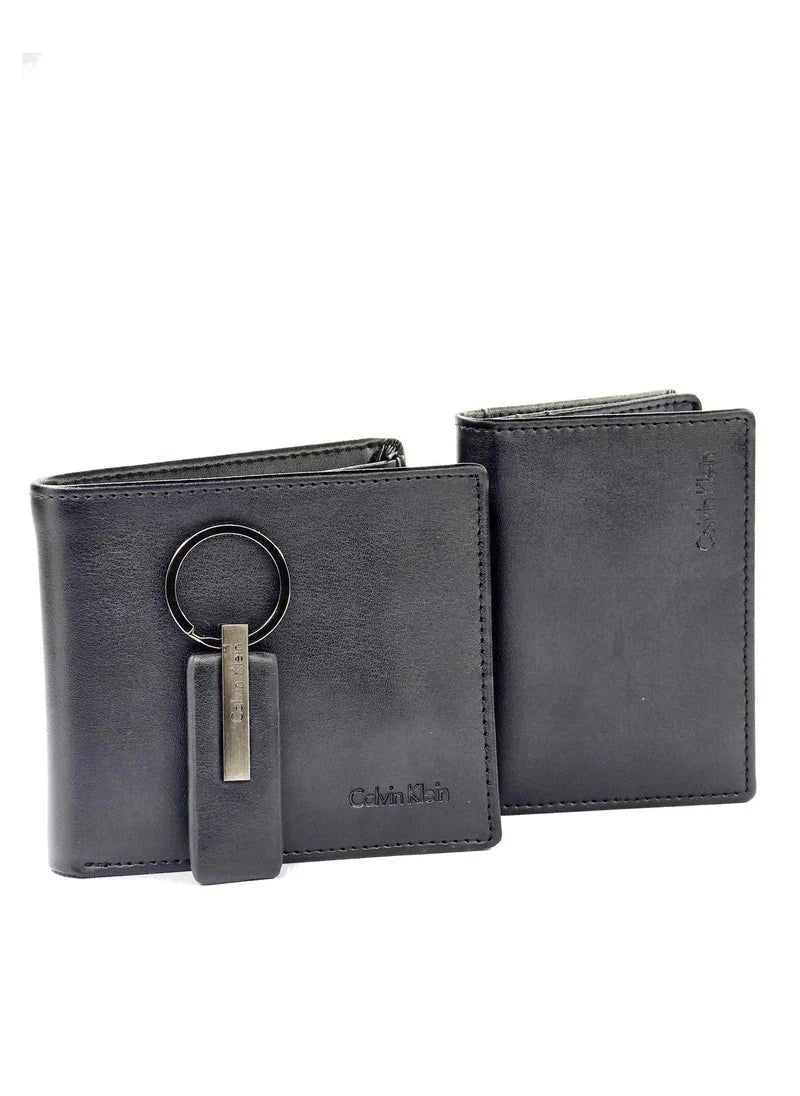 CK Black Leather Wallet-Keychain-Card Holder Set For Men