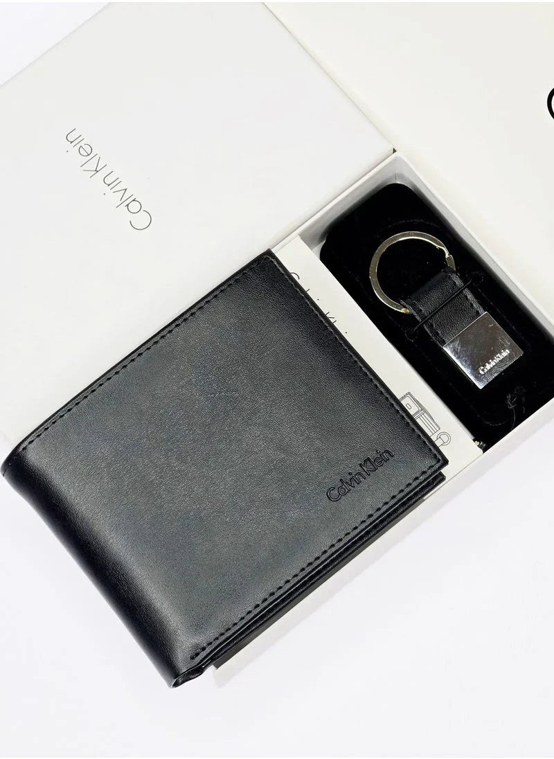 CK Black Leather Wallet-Keychain Set For Men
