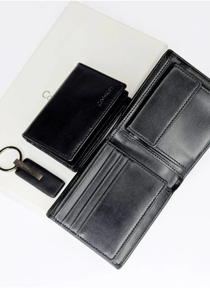 CK Black Leather Wallet-Keychain-Card Holder Set For Men