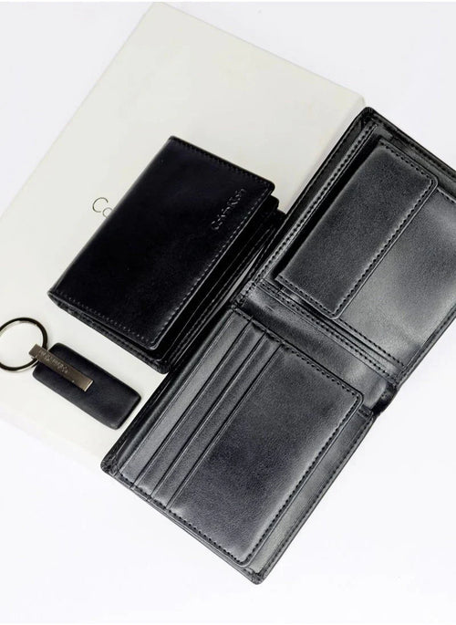 CK Black Leather Wallet-Keychain-Card Holder Set For Men