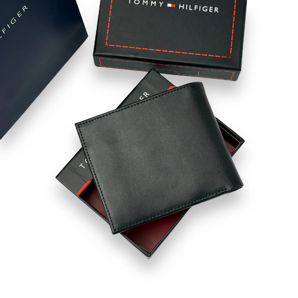 TH Black Leather Bifold Wallet For Men
